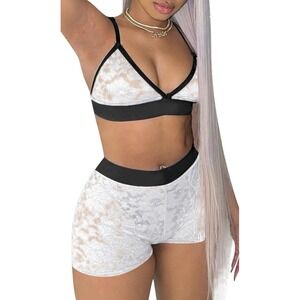 NEW White Lace Triangle Bralette and High Waist Shorts Set,‎ Large